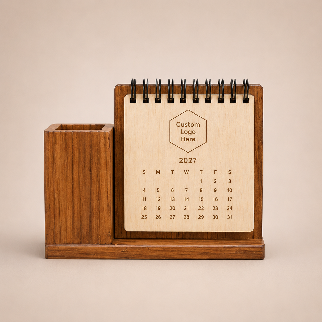 Kalender Meja Kayu Stand Pensil