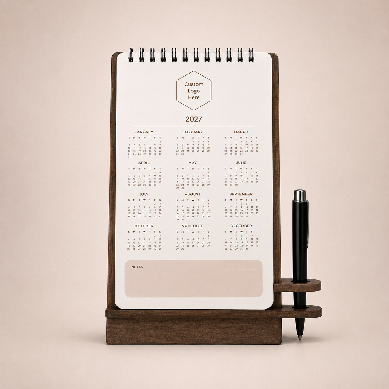 Kalender Meja Kayu dengan Pen Holder