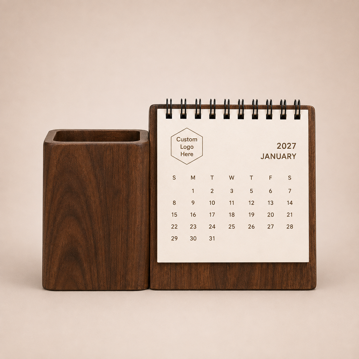 Kalender Meja Kayu dengan Pencil Holder